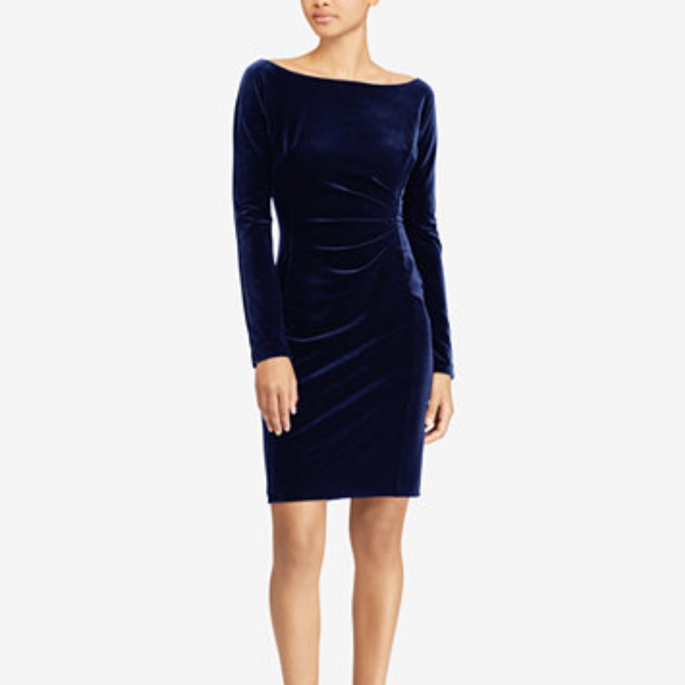 Ralph Lauren Faux-Wrap Navy Long Sleeve Velvet Dress